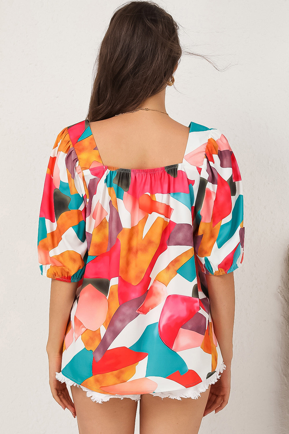 Multicolor Square Neck Abstract Print Short Sleeve Blouse-Sale (50% OFF)/30% OFF-[Adult]-[Female]-2022 Online Blue Zone Planet