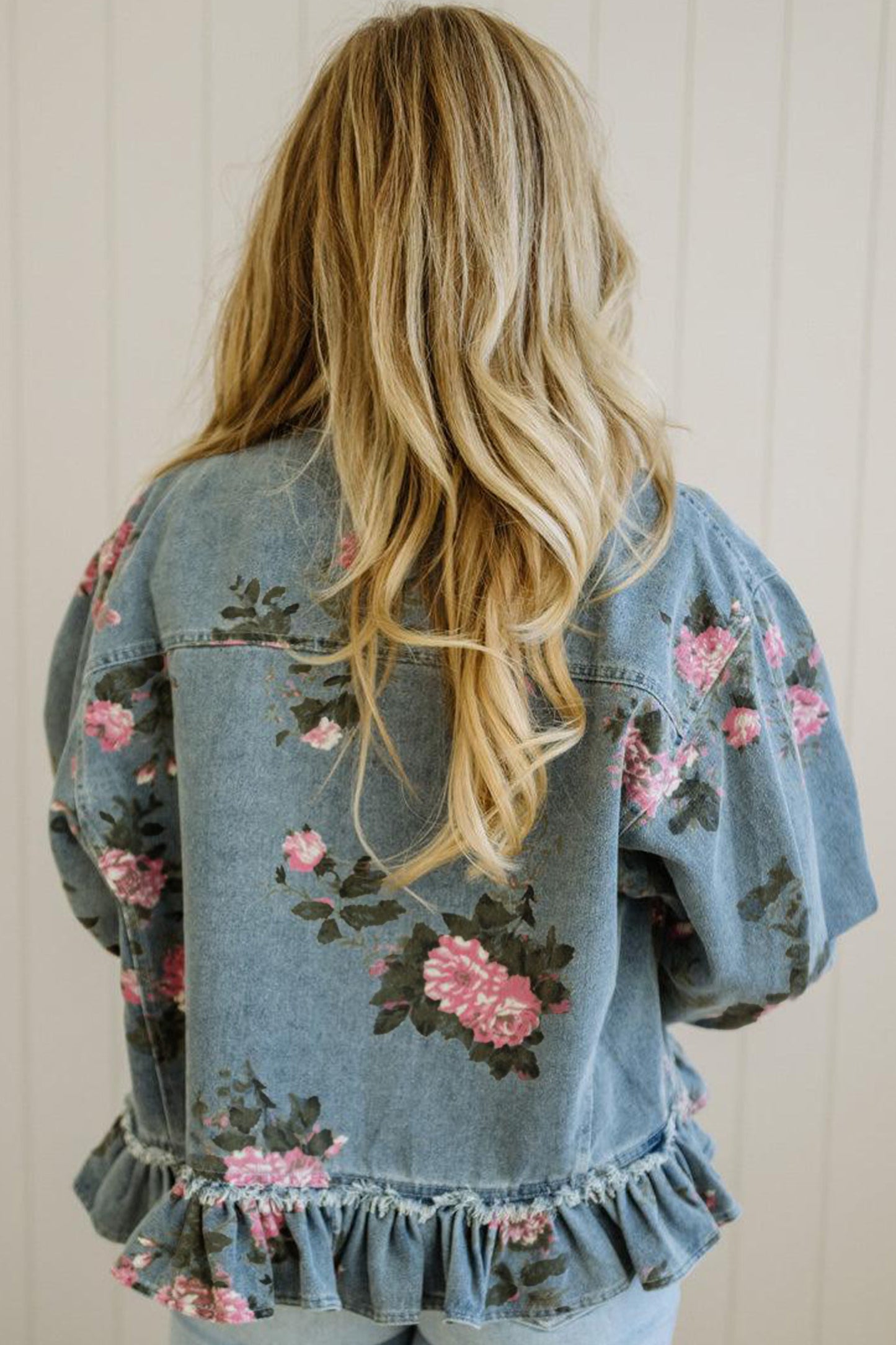 Sky Blue Floral Print Raw Seam Ruffle Hem Denim Jacket-Outerwear/Denim jackets-[Adult]-[Female]-2022 Online Blue Zone Planet