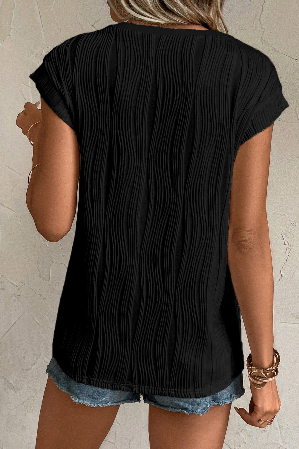Pink Wavy Textured Button V Neck Tee-Tops/Tops & Tees-[Adult]-[Female]-2022 Online Blue Zone Planet