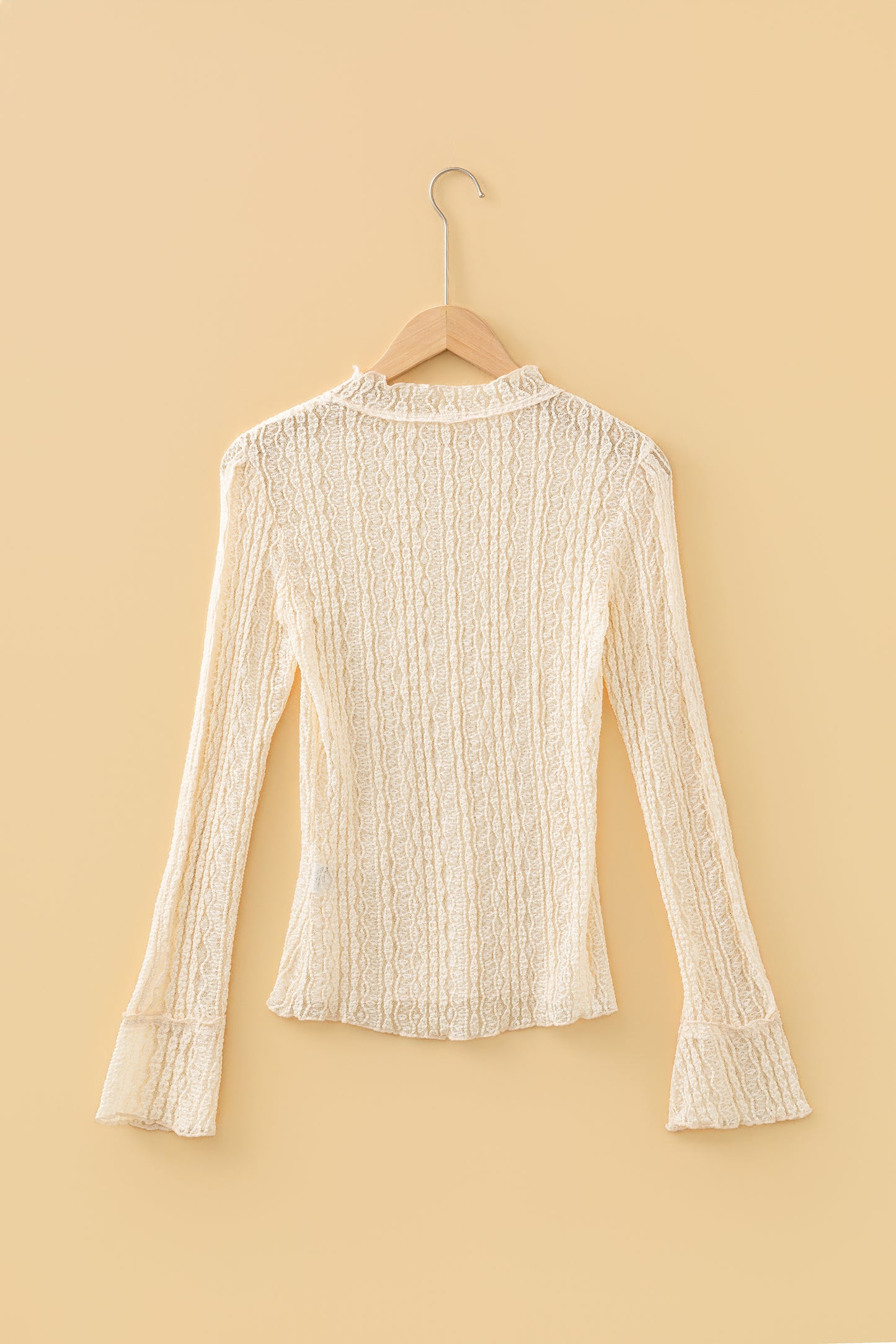 Apricot Flounced Long Sleeve Mock Neck Sheer Lace Top-Tops/Long Sleeve Tops-[Adult]-[Female]-2022 Online Blue Zone Planet