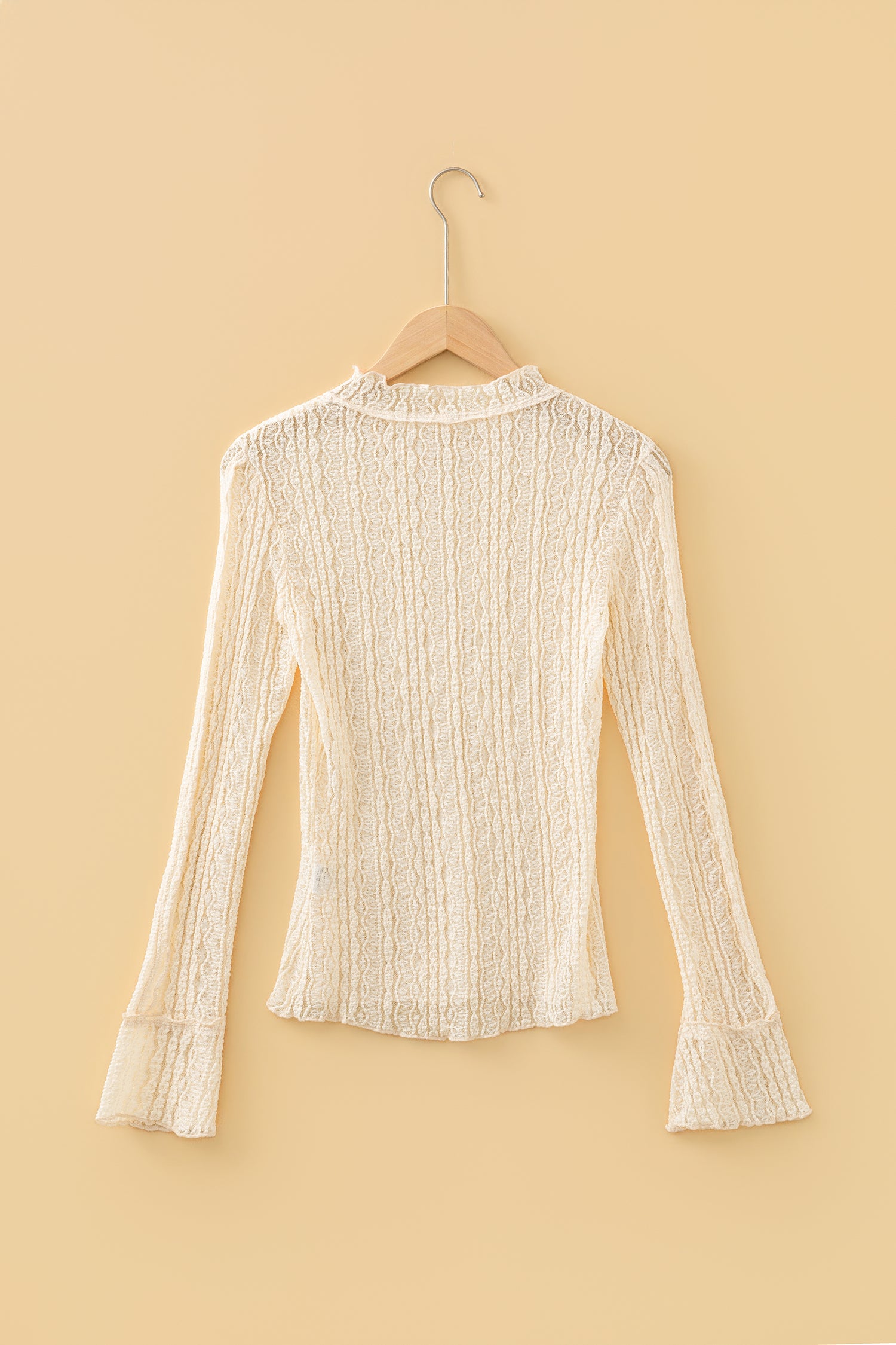 Apricot Flounced Long Sleeve Mock Neck Sheer Lace Top-Tops/Long Sleeve Tops-[Adult]-[Female]-2022 Online Blue Zone Planet