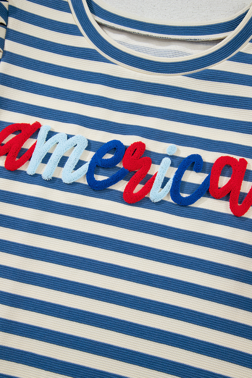 Blue Stripe America Cursive Graphic Puff Sleeve T-shirt