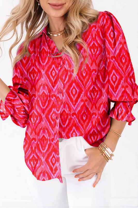 Strawberry Pink Western Aztec Geometric Ruffled 3/4 Sleeve Shirt-Tops/Blouses & Shirts-[Adult]-[Female]-Strawberry Pink-S-2022 Online Blue Zone Planet