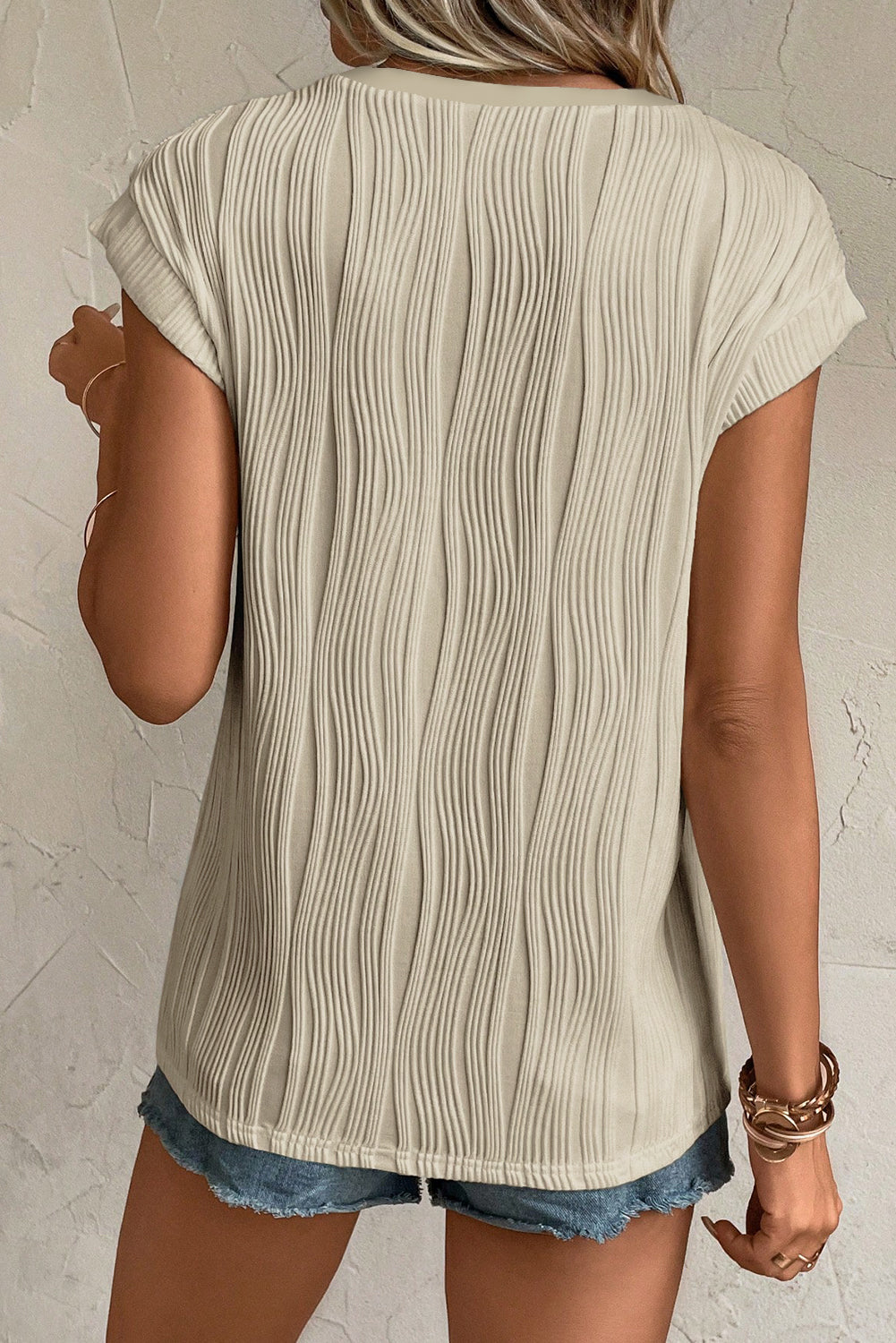 Apricot Wavy Textured Button V Neck Tee-Tops/Tops & Tees-[Adult]-[Female]-2022 Online Blue Zone Planet