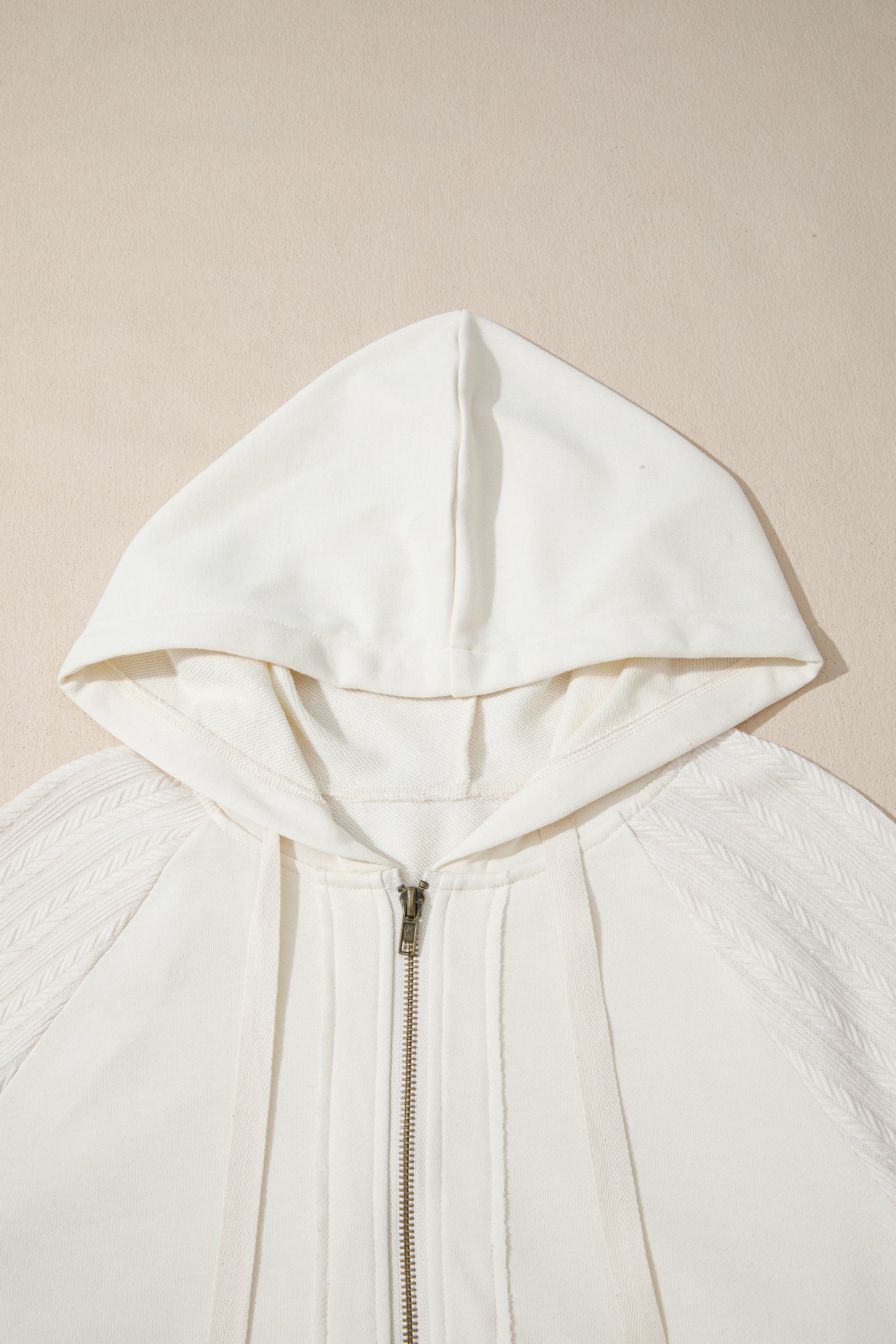 Beige Solid Color Textured Sleeve Patchwork Half Zip Hoodie-Tops/Sweatshirts & Hoodies-[Adult]-[Female]-2022 Online Blue Zone Planet