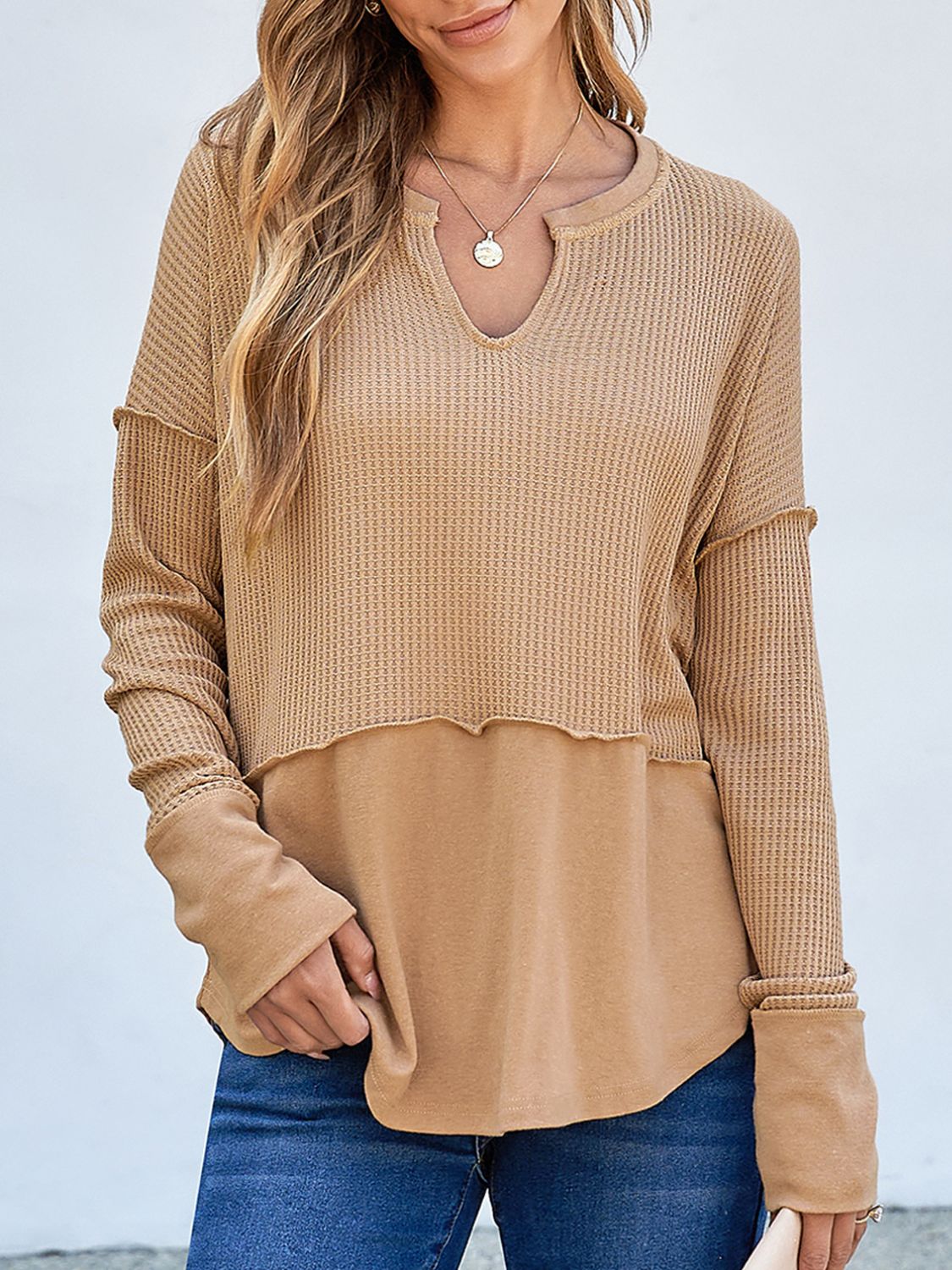 Waffle-Knit Notched Long Sleeve T-Shirt-TOPS / DRESSES-[Adult]-[Female]-Tan-S-2022 Online Blue Zone Planet