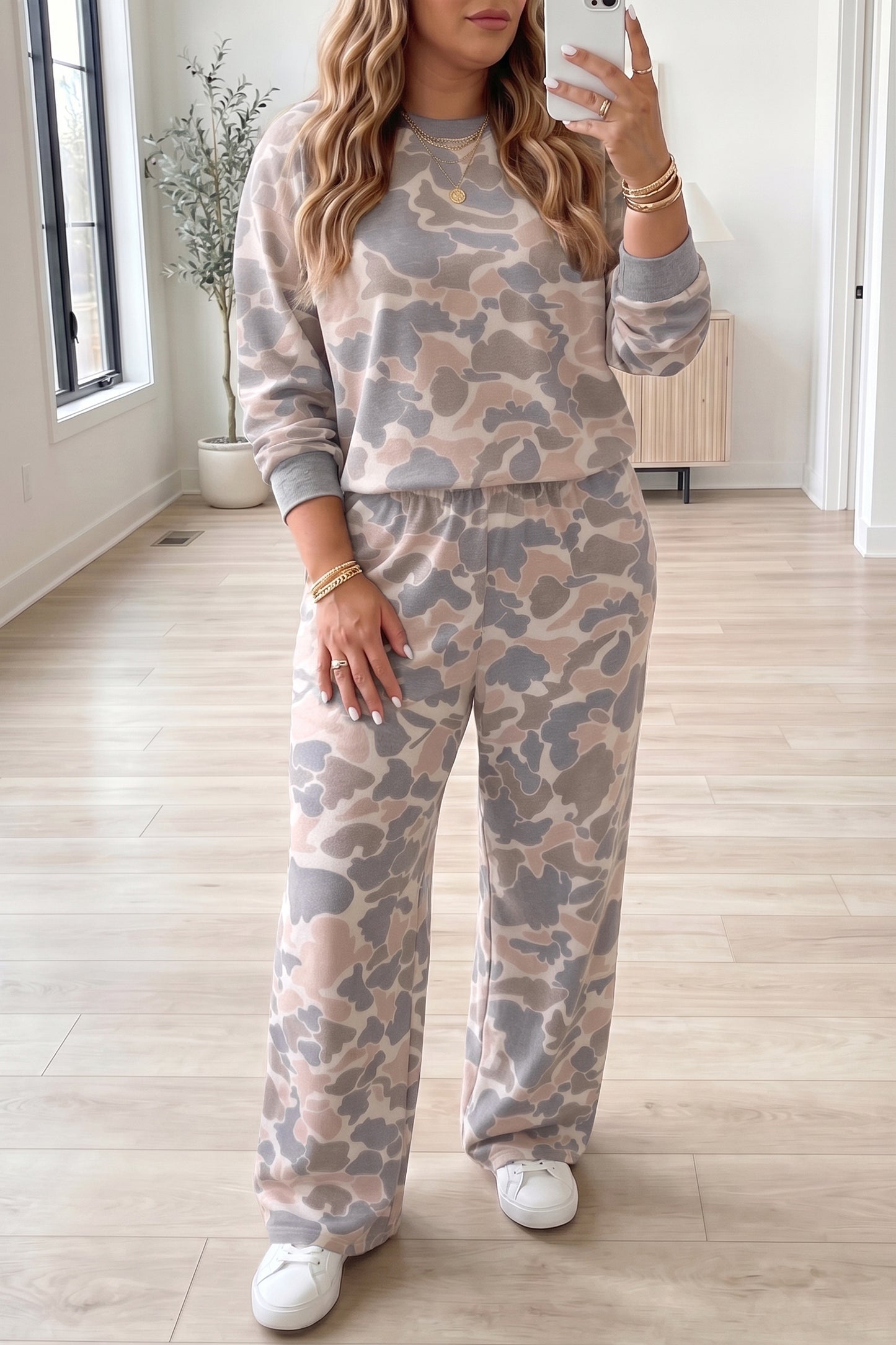 Multicolour Camouflage Long Sleeve Round Neck Two-Piece Plus Size Set-Plus Size/Plus Size Loungewear-[Adult]-[Female]-Multicolour-1X-2022 Online Blue Zone Planet