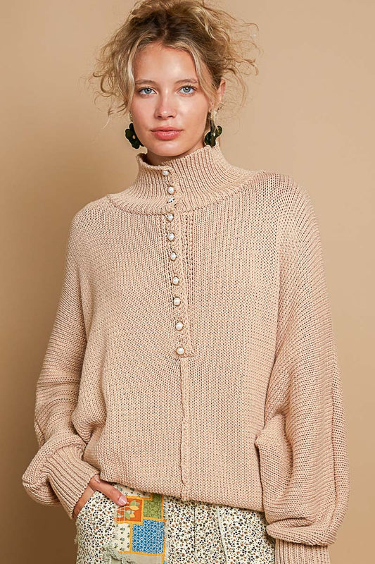 POL Pearl Detail Turtleneck Long Sleeve Sweater-TOPS / DRESSES-[Adult]-[Female]-Latte-S-2022 Online Blue Zone Planet