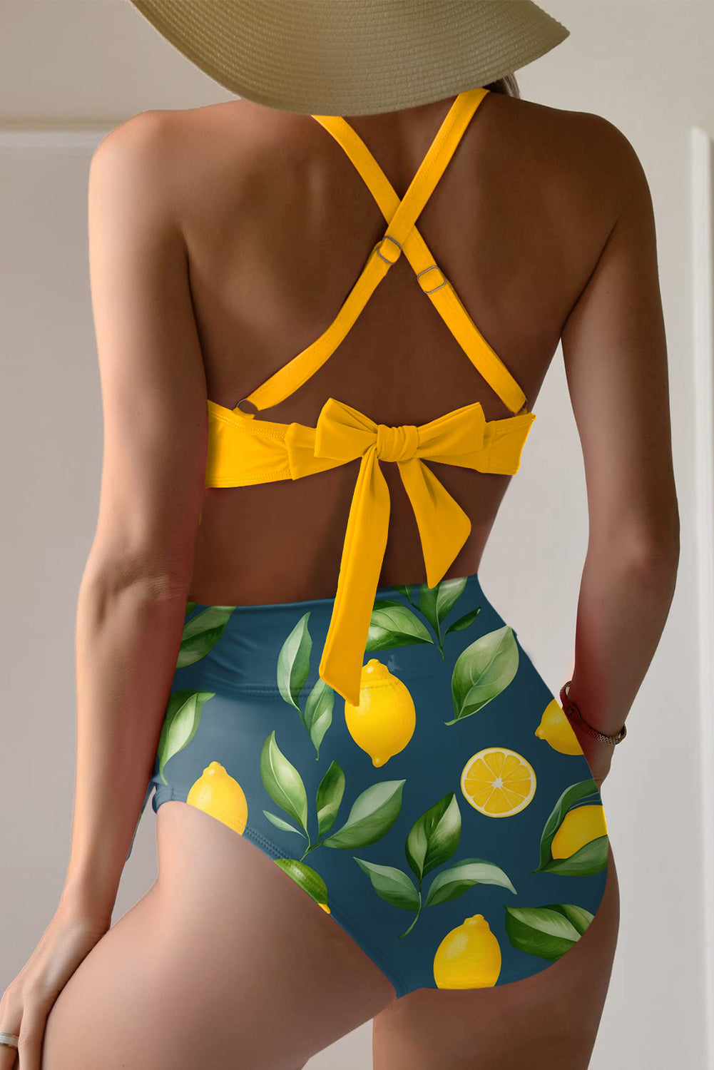 Yellow Crossed Straps Twisted Tropical Print Knot Side High Waist Bottom 2pcs Swimsuit-Swimwear/High Waisted Swimsuit-[Adult]-[Female]-2022 Online Blue Zone Planet