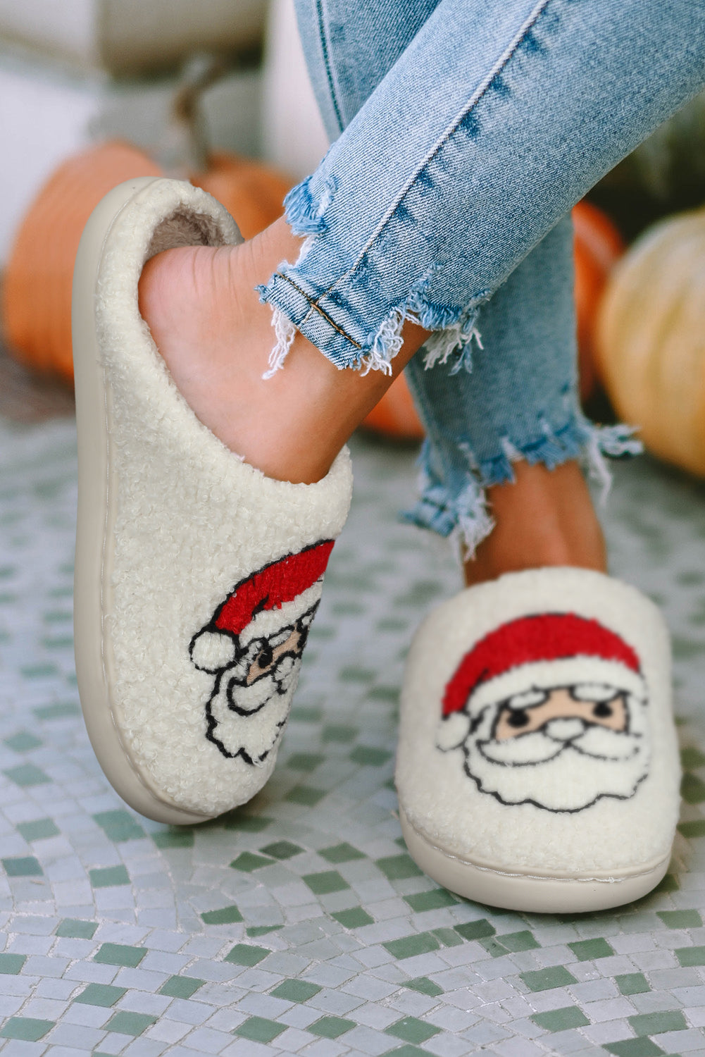 White Christmas Santa Clause Graphic Plush Slippers-Shoes & Bags/Slippers-[Adult]-[Female]-2022 Online Blue Zone Planet