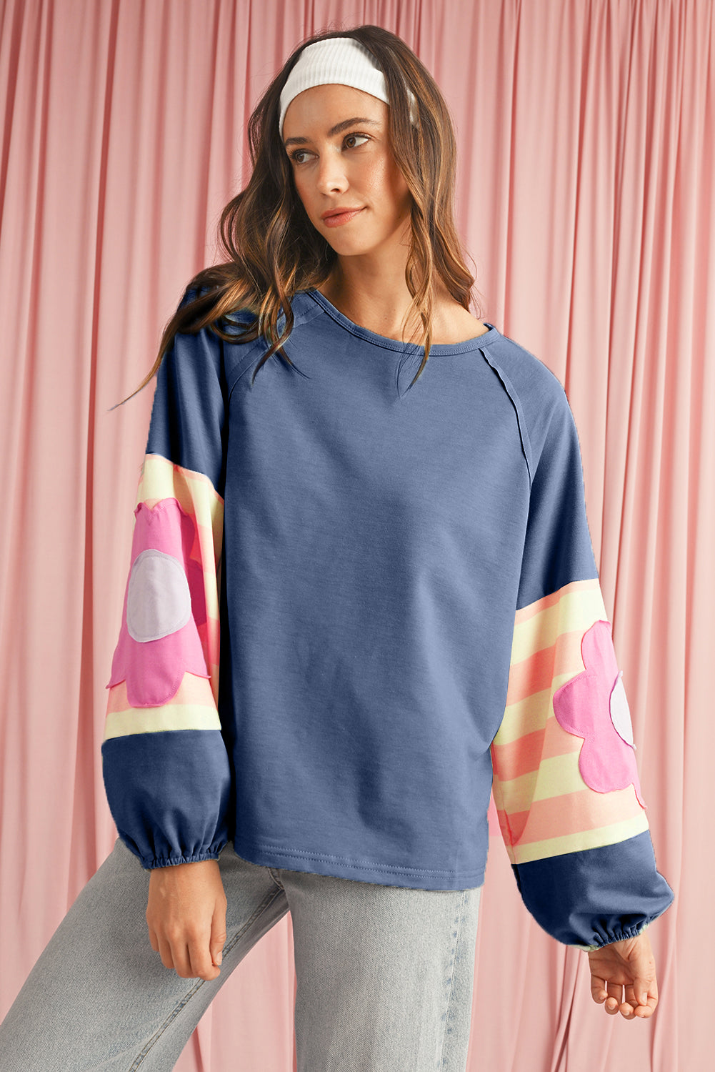 Blue Zone Planet | Smoke Green Flower Patchwork Exposed Seam Raglan Sleeve Top-Long Sleeve Tops-[Adult]-[Female]-2022 Online Blue Zone Planet