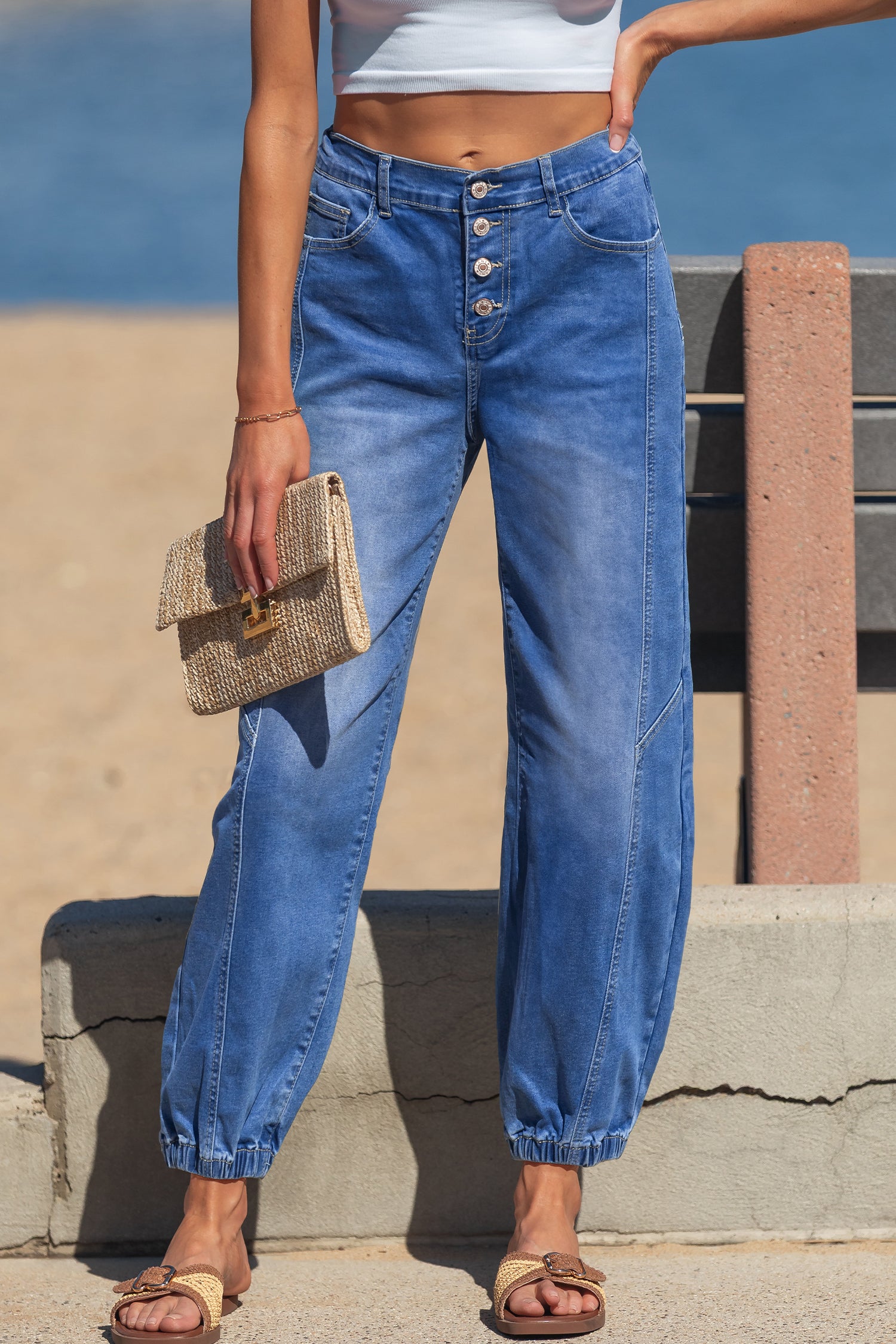 Blue 4 Buttons Front Tapered Casual Loose Fit Jeans-Bottoms/Jeans-[Adult]-[Female]-2022 Online Blue Zone Planet