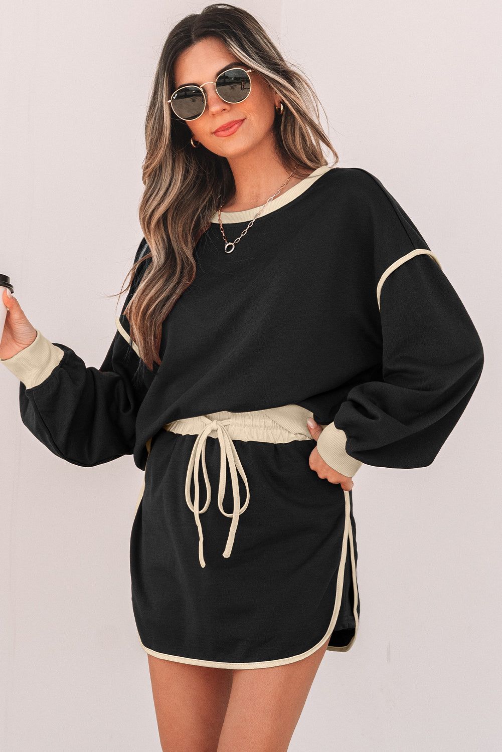 Blue Zone Planet | Black Color Contrast Loose Pullover And Lace-Up Waist Skort Set-Two Piece Sets/Two Piece Dresses-[Adult]-[Female]-2022 Online Blue Zone Planet