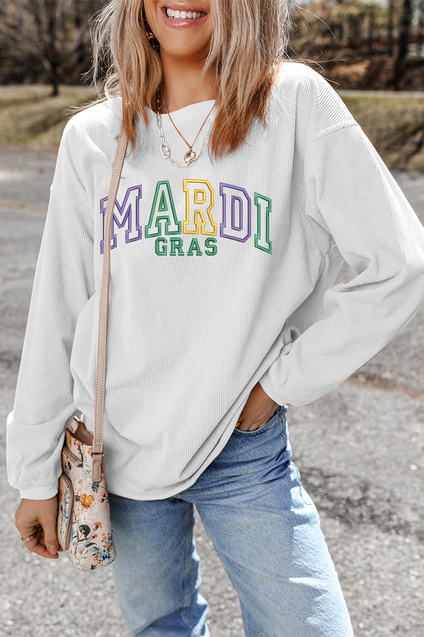 White Oversize Corded MARDI GRAS Embroidered Sweatshirt-Graphic Sweatshirts-[Adult]-[Female]-2022 Online Blue Zone Planet