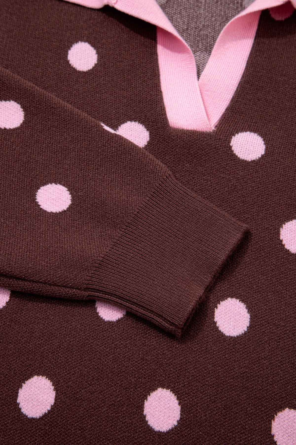 Pink Polka Dot Pattern Color Block Collared Loose Pullover Sweater-Sweaters & Cardigans/Sweaters-[Adult]-[Female]-2022 Online Blue Zone Planet