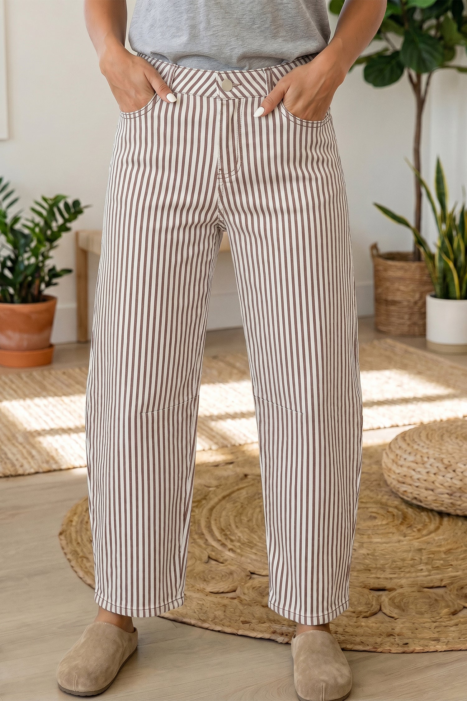 Brown Stripe Casual Barrel Jeans-Bottoms/Jeans-[Adult]-[Female]-2022 Online Blue Zone Planet
