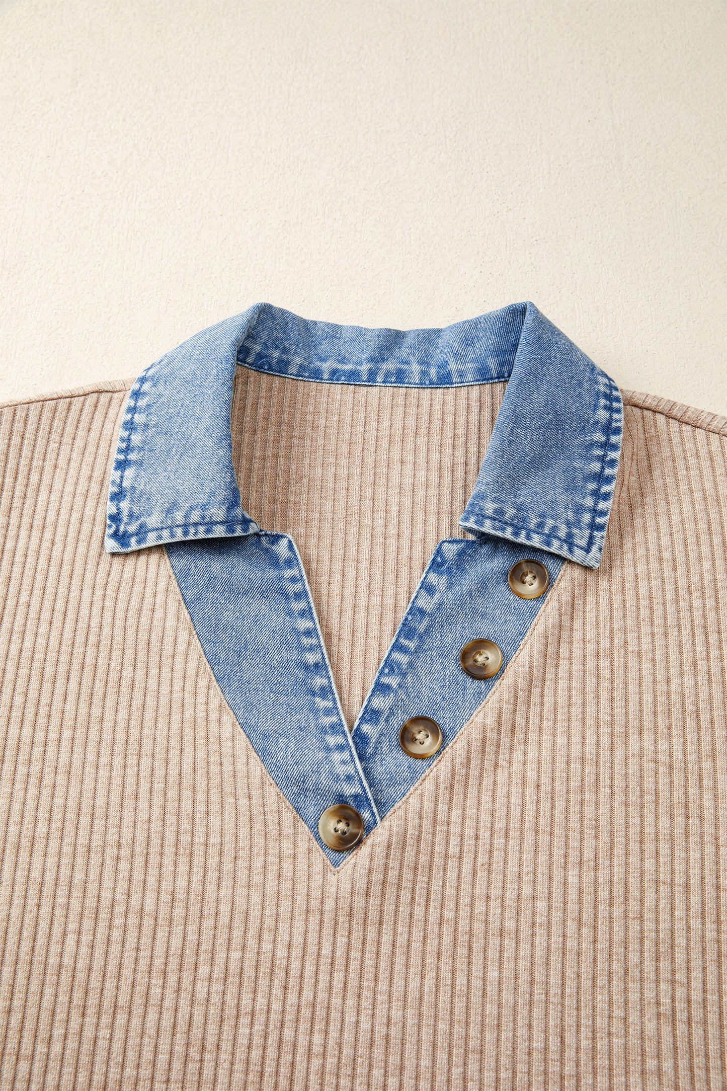 Beige Ribbed Knit Denim Color Block Patchwork Button Detail Collared Blouse-Tops/Blouses & Shirts-[Adult]-[Female]-2022 Online Blue Zone Planet