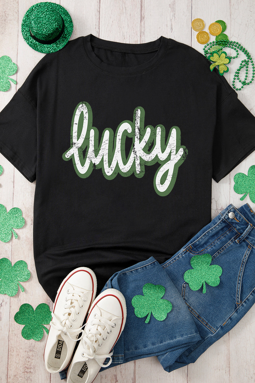 Black St Patricks Day lucky Cracked Letter Graphic T Shirt-Graphic/Graphic Tees-[Adult]-[Female]-2022 Online Blue Zone Planet