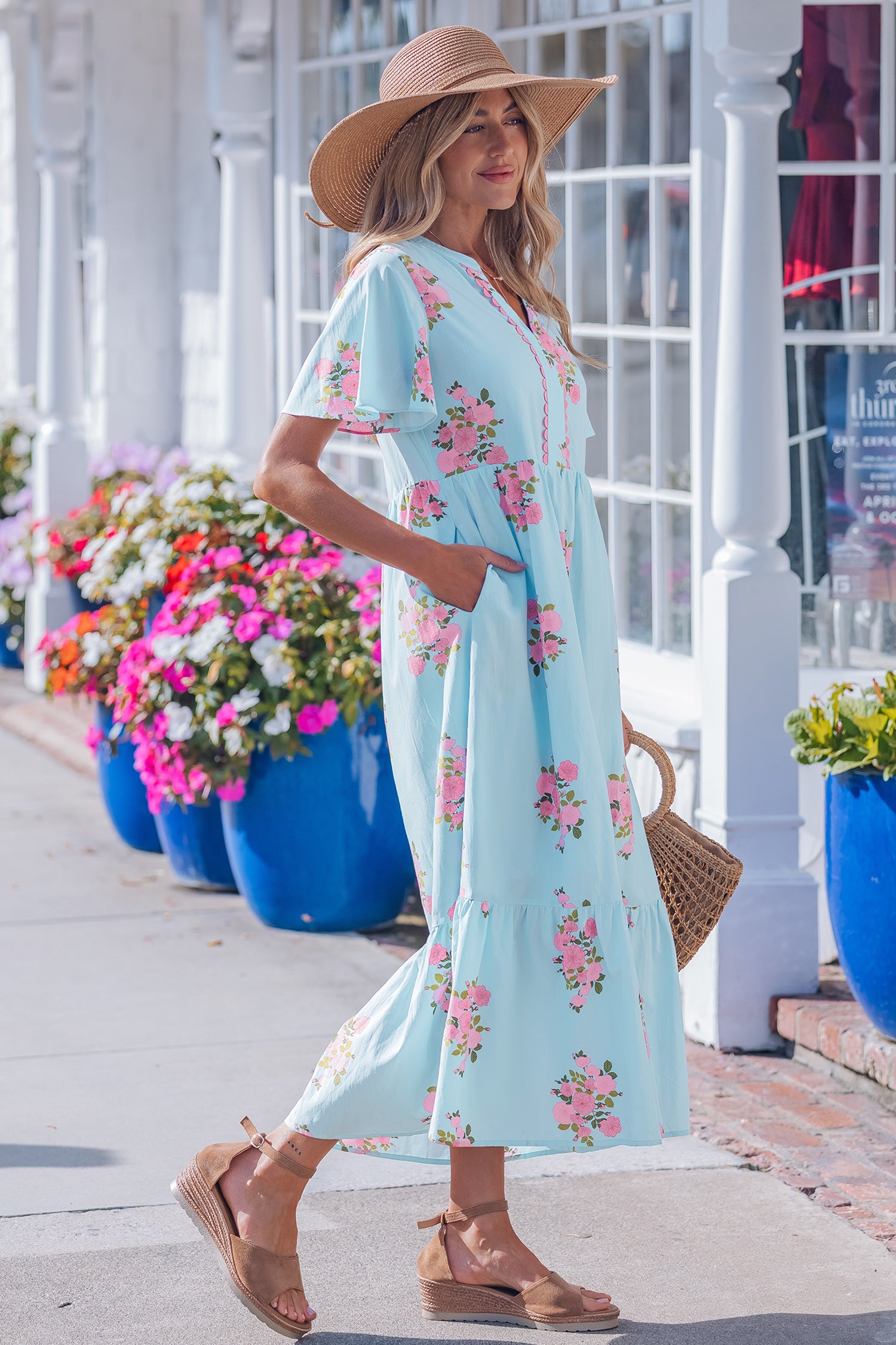 Sky Blue Notched Neck Flutter Short Sleeve Floral Print Maxi Dress-TOPS / DRESSES-[Adult]-[Female]-2022 Online Blue Zone Planet