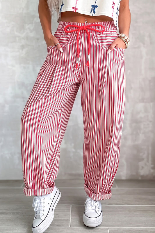 Red Stripe Drawstring Casual Loose Pants-Bottoms/Pants & Culotte-[Adult]-[Female]-2022 Online Blue Zone Planet