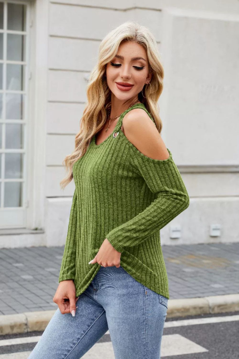 Ribbed Cold Shoulder Long Sleeve Top-TOPS / DRESSES-[Adult]-[Female]-2022 Online Blue Zone Planet