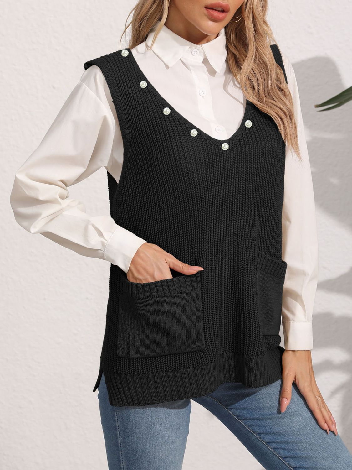 Slit V-Neck Sweater Vest-TOPS / DRESSES-[Adult]-[Female]-2022 Online Blue Zone Planet