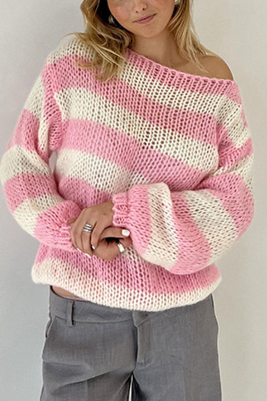 Contrast Striped Boat Neck Long Sleeve Sweater-TOPS / DRESSES-[Adult]-[Female]-Blush Pink-S-2022 Online Blue Zone Planet