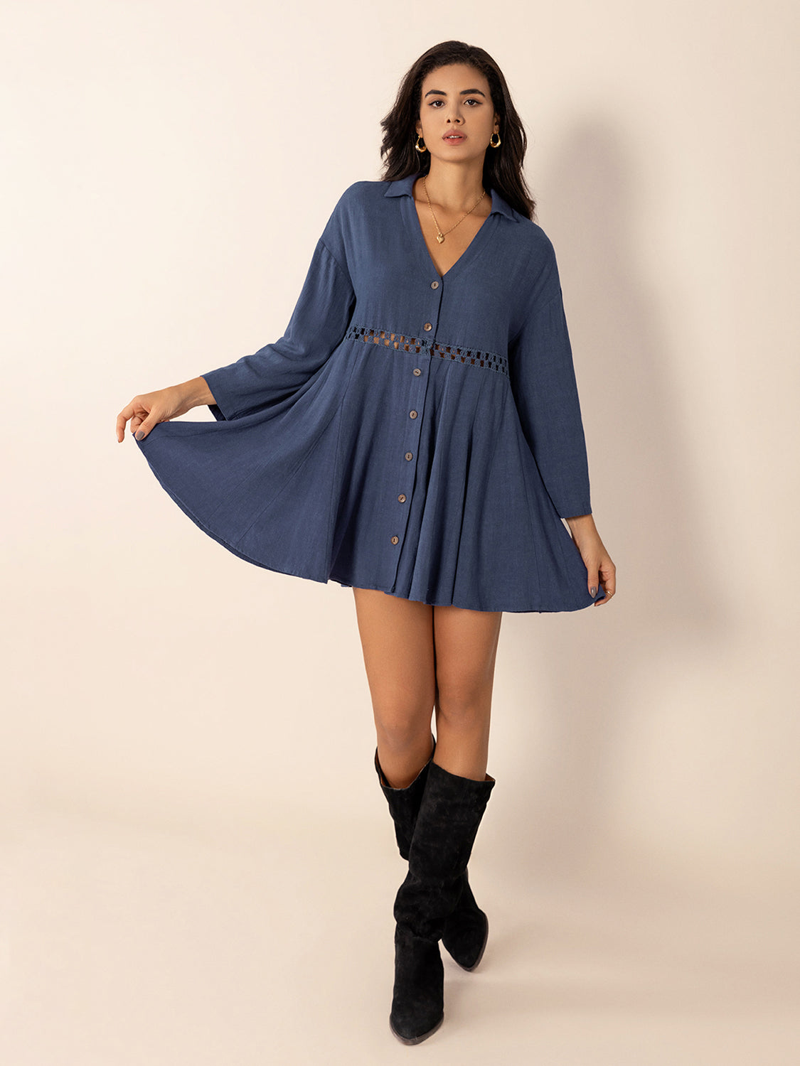 Cutout Johnny Collar Long Sleeve Mini Dress-TOPS / DRESSES-[Adult]-[Female]-2022 Online Blue Zone Planet