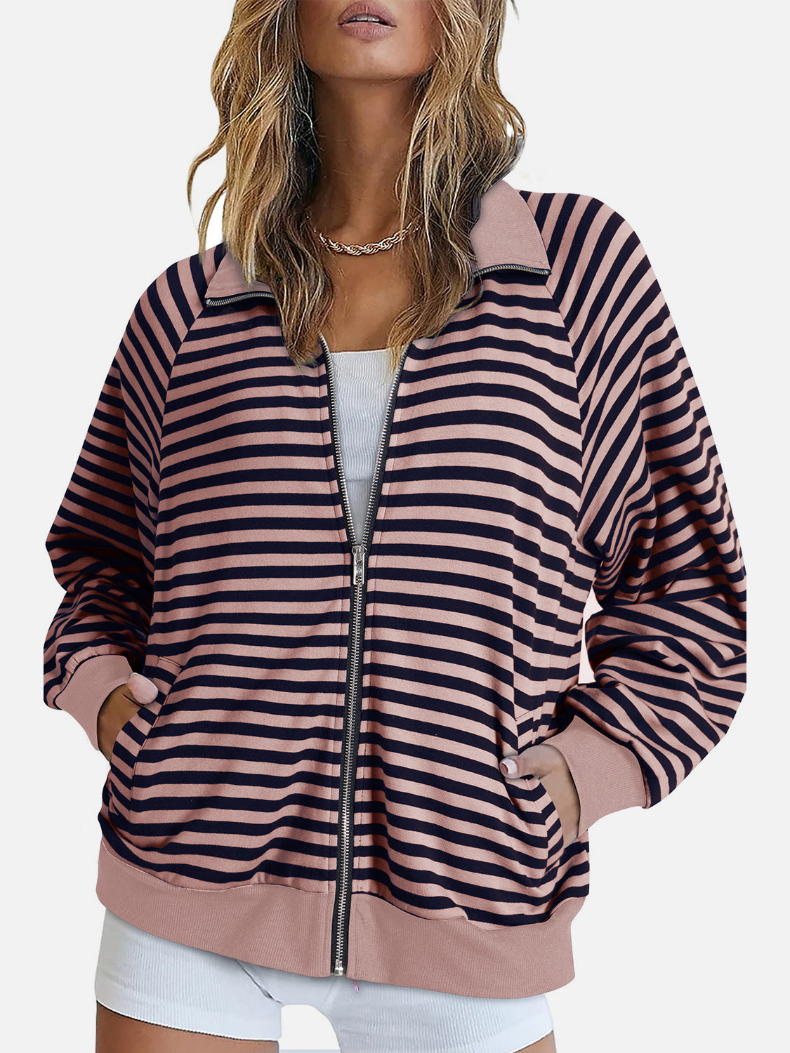 Striped Zip Up Long Sleeve Sweatshirt-TOPS / DRESSES-[Adult]-[Female]-Dusty Pink-S-2022 Online Blue Zone Planet