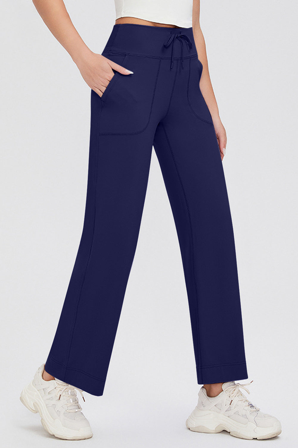 Basic Bae Full Size Drawstring High Waist Pants with Pockets-BOTTOMS SIZES SMALL MEDIUM LARGE-[Adult]-[Female]-Navy-S-2022 Online Blue Zone Planet