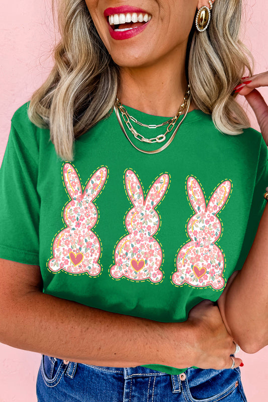Bright Green Easter Floral Rabbit Print Crew Neck T Shirt-Graphic/Graphic Tees-[Adult]-[Female]-Bright Green-S-2022 Online Blue Zone Planet