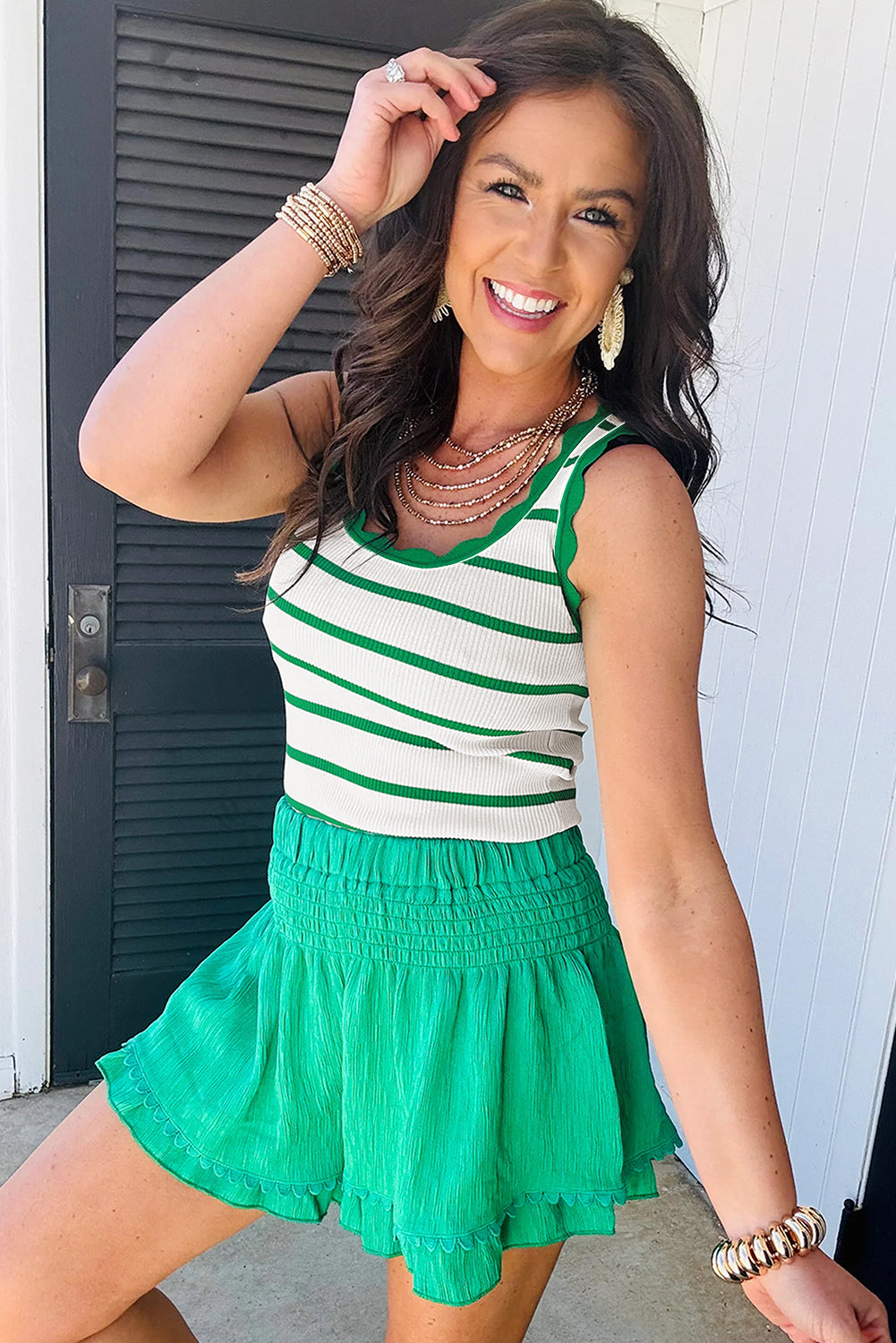 Bright Green Striped Scalloped Edge U Neck Sleeveless Sweater Vest-Sweaters & Cardigans/Sweater Vests-[Adult]-[Female]-2022 Online Blue Zone Planet
