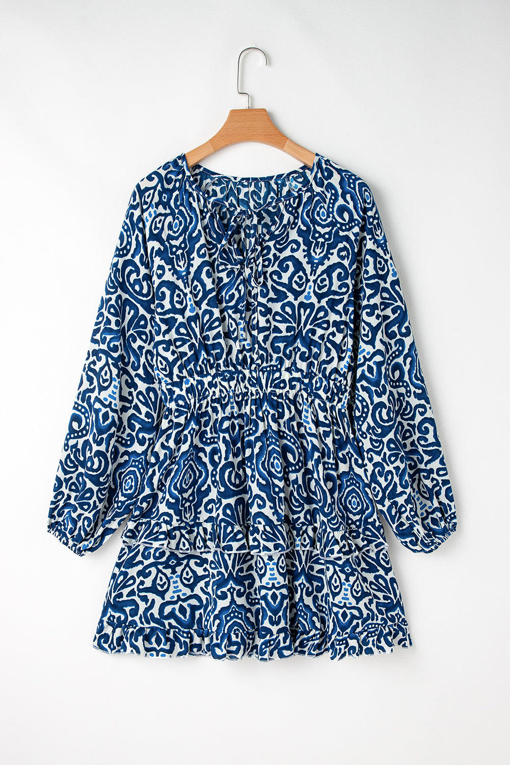 Blue Zone Planet | Blue Vintage Print Lace up V Neck Long Sleeve Mini Dress-TOPS / DRESSES-[Adult]-[Female]-2022 Online Blue Zone Planet