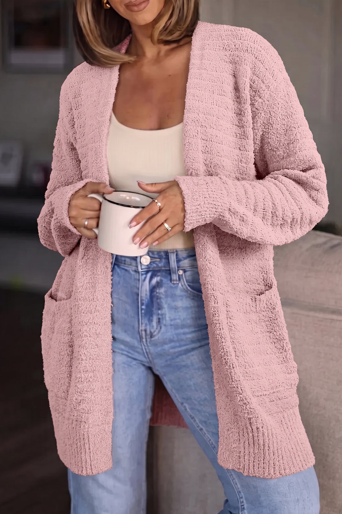 Light Pink Open Front Soft Fuzzy Ribbed Sweater Cardigan-TOPS / DRESSES-[Adult]-[Female]-2022 Online Blue Zone Planet