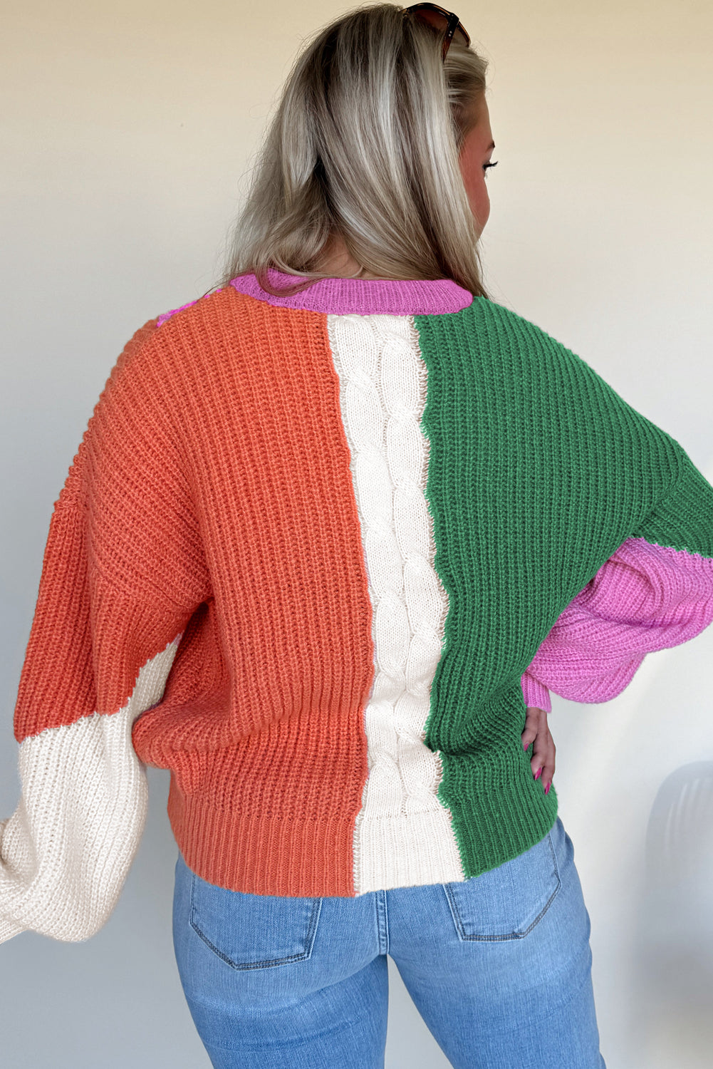 Desert Gold Color Block Textured Knit Drop Shoulder Loose Fit Sweater-Sweaters & Cardigans/Sweaters-[Adult]-[Female]-2022 Online Blue Zone Planet