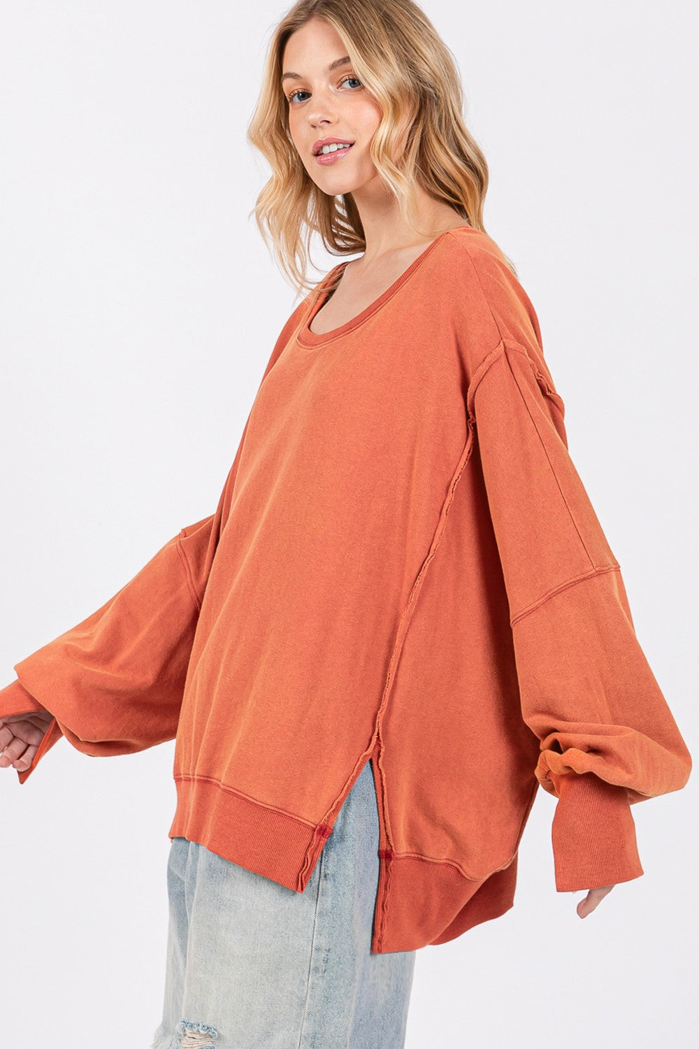 SAGE + FIG Mineral Wash Side Slit Oversized Sweatshirt-TOPS / DRESSES-[Adult]-[Female]-2022 Online Blue Zone Planet