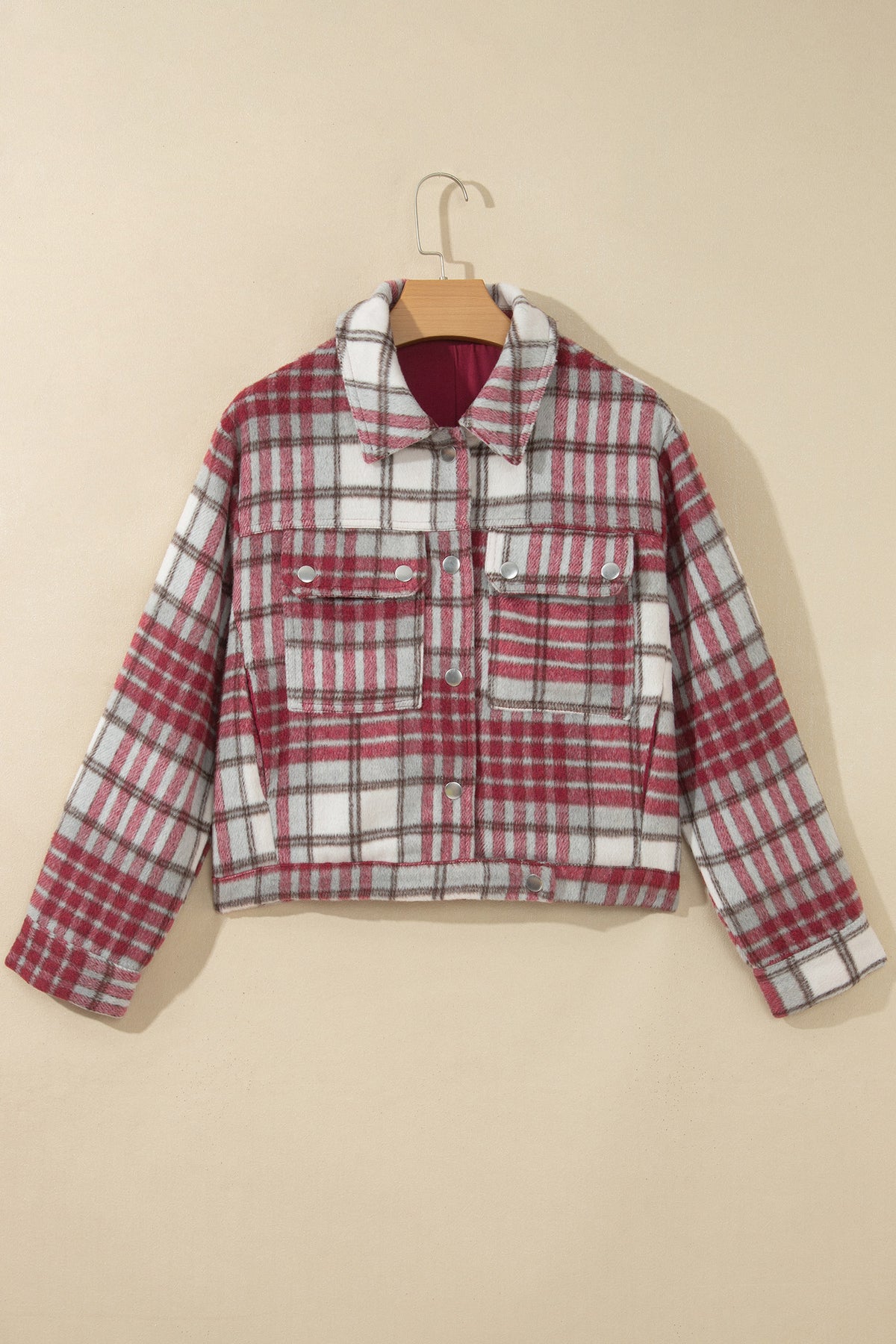 Red Plaid Flannel Metal Button Collar Long Sleeve Vintage Shift Jacket-Outerwear/Jackets-[Adult]-[Female]-2022 Online Blue Zone Planet