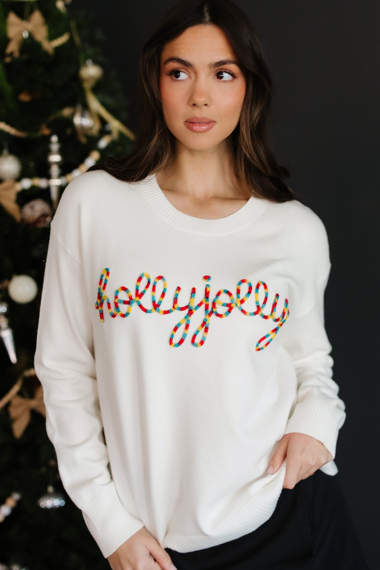 Beige Colorful Holly Jolly Christmas Knit Loose Sweater-TOPS / DRESSES-[Adult]-[Female]-2022 Online Blue Zone Planet