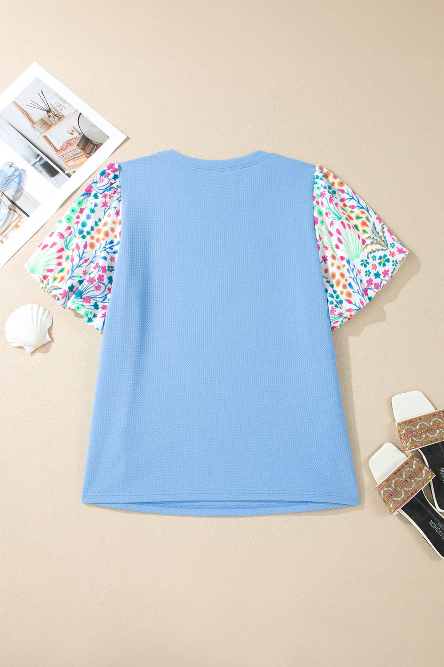 Light Blue Textured Bodice Contrast Floral Sleeve Plus Size Top-Plus Size/Plus Size Tops/Plus Size Blouses & Shirts-[Adult]-[Female]-2022 Online Blue Zone Planet