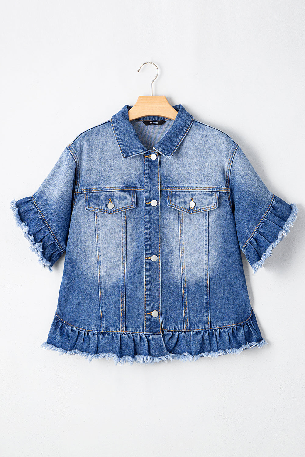 Blue Zone Planet | Peacock Blue Raw Edge Ruffled Short Sleeve Denim Jacket-Outerwear/Denim jackets-[Adult]-[Female]-2022 Online Blue Zone Planet