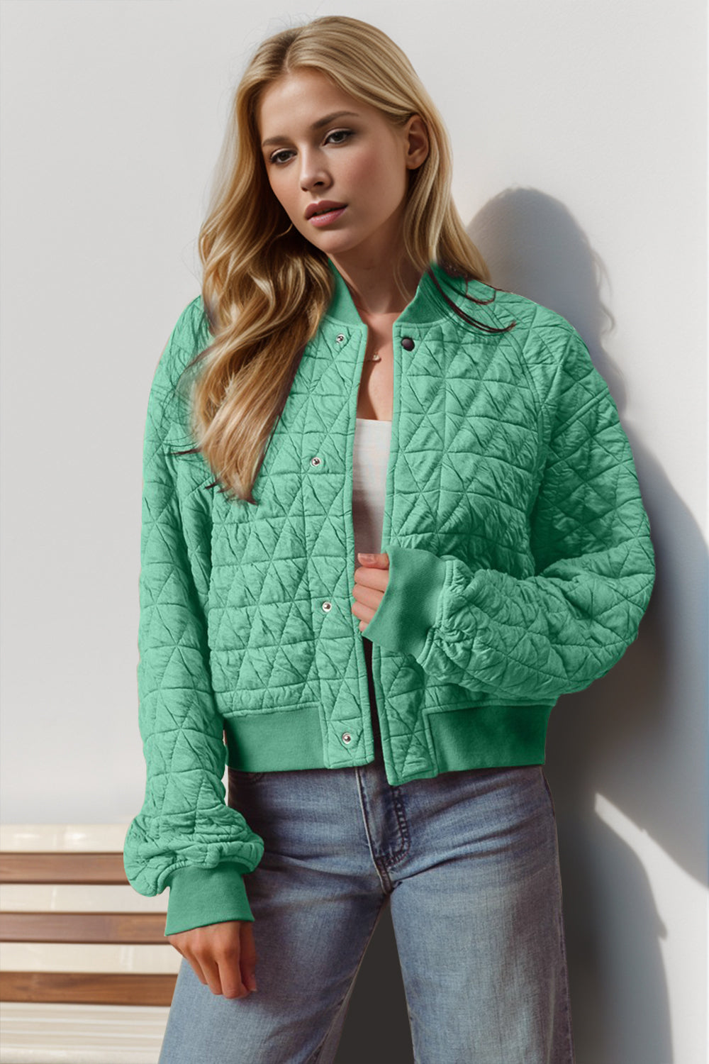 Double Take Quilted Snap Down Cropped Bomber Jacket-TOPS / DRESSES-[Adult]-[Female]-Neon Green-S-2022 Online Blue Zone Planet