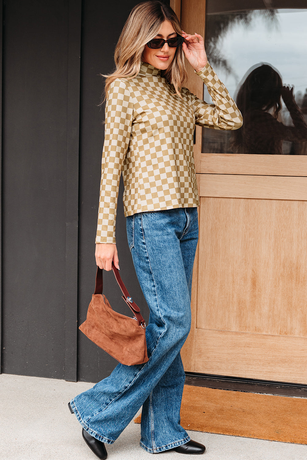 Khaki Check Pattern Turtleneck Ribbed Slim Long Sleeve Tee-Tops/Long Sleeve Tops-[Adult]-[Female]-2022 Online Blue Zone Planet