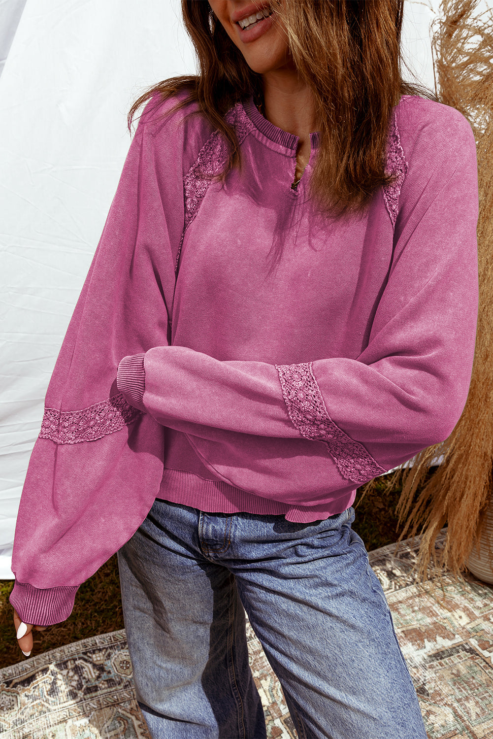 Rose Red Lace Patchwork Detail Notched Neck Mineral Wash Baggy Sweatshirt-Tops/Sweatshirts & Hoodies-[Adult]-[Female]-Rose Red-S-2022 Online Blue Zone Planet