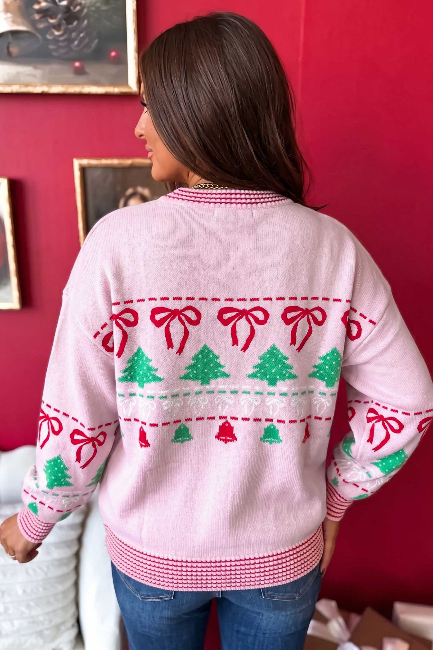 Pink Festive Holiday Print Round Neck Loose Tunic Sweater-Sweaters & Cardigans/Sweaters-[Adult]-[Female]-2022 Online Blue Zone Planet