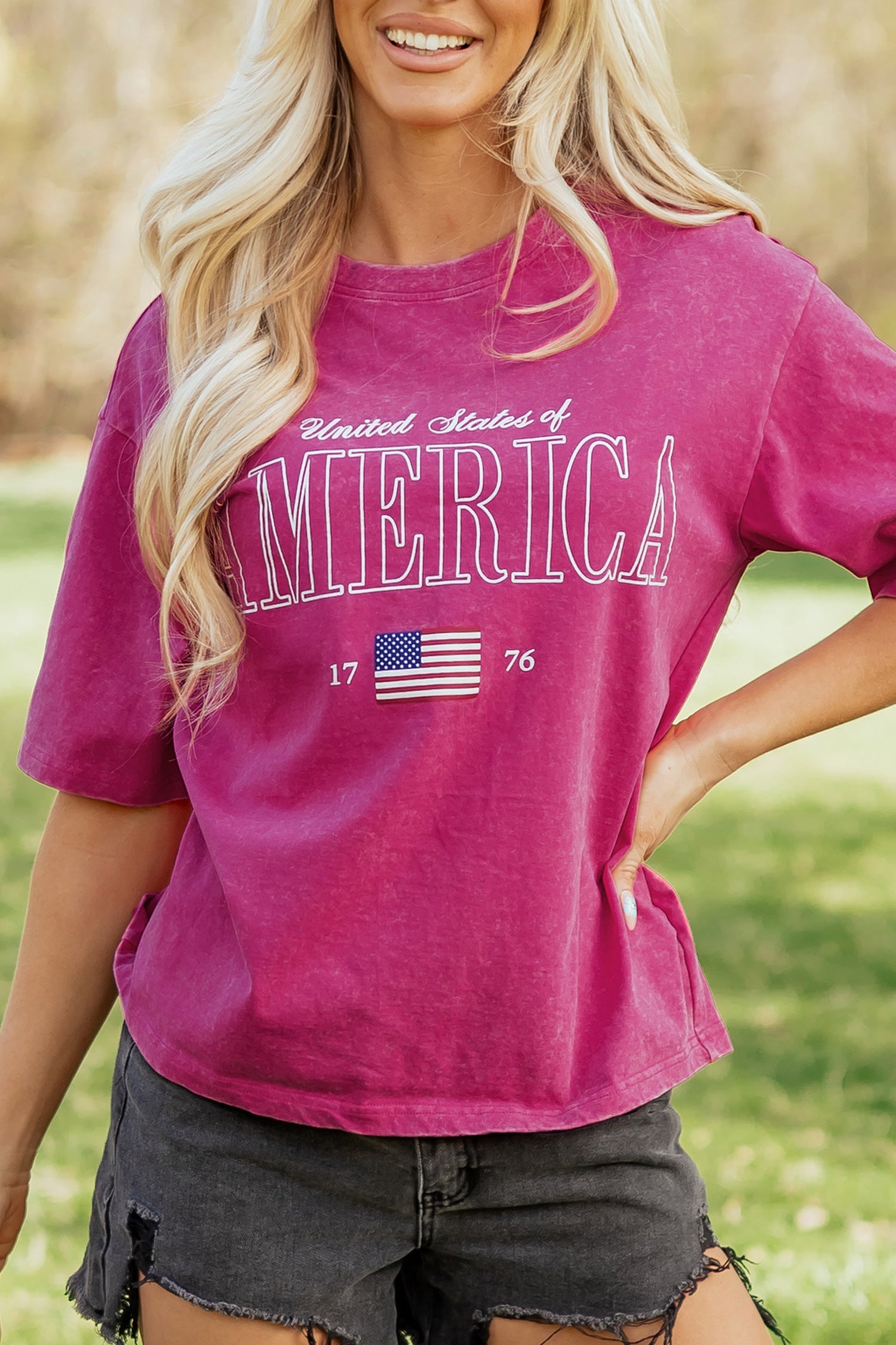 Rose Red AMERICA 1776 Graphic Mineral Wash Cotton Tee-Tops/Tops & Tees-[Adult]-[Female]-2022 Online Blue Zone Planet