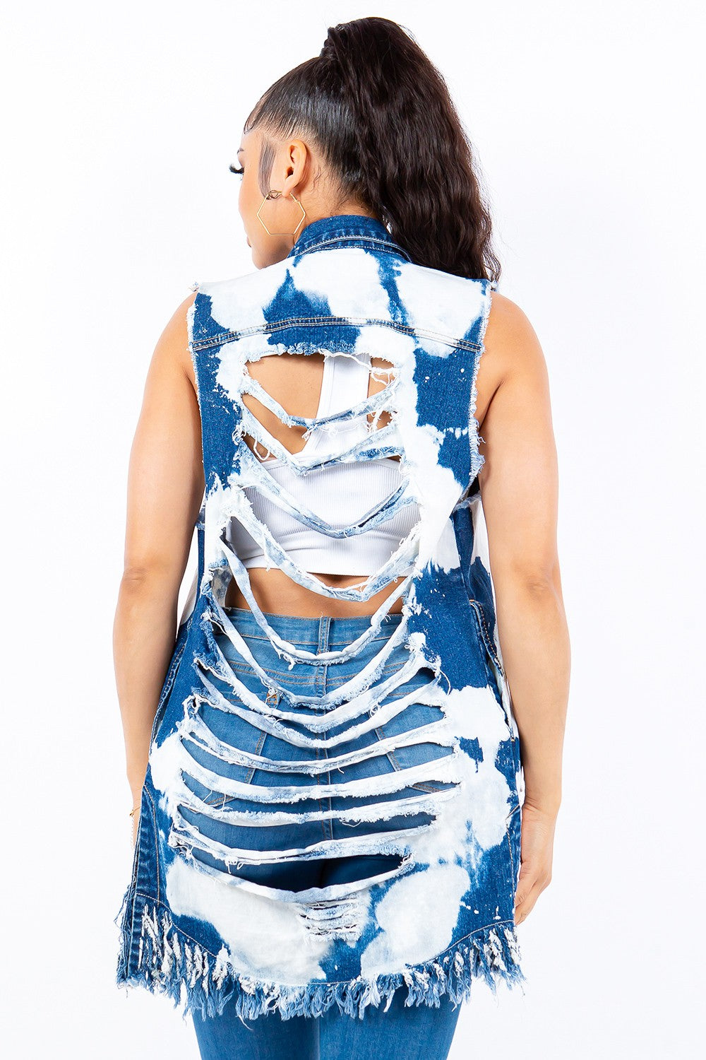 American Bazi Distressed Frayed Edge Longline Denim Vest-TOPS / DRESSES-[Adult]-[Female]-2022 Online Blue Zone Planet