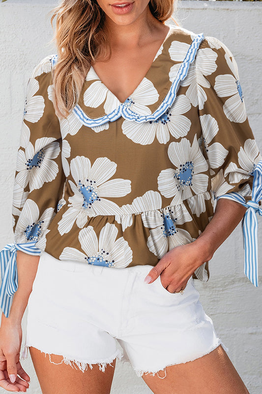 Floral Print Striped Tie Sleeve Blouse-TOPS / DRESSES-[Adult]-[Female]-Camel-S-2022 Online Blue Zone Planet