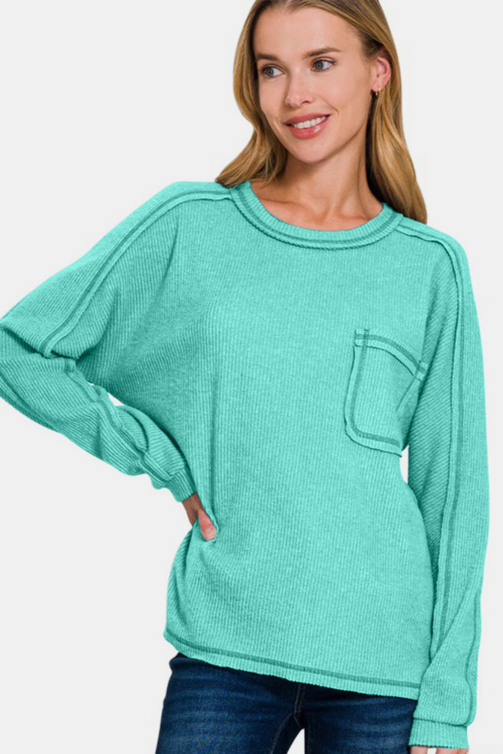 Zenana Full Size Contrast Stitching Brushed Ribbed Hacci Knit Top Plus Size-TOPS / DRESSES-[Adult]-[Female]-2022 Online Blue Zone Planet