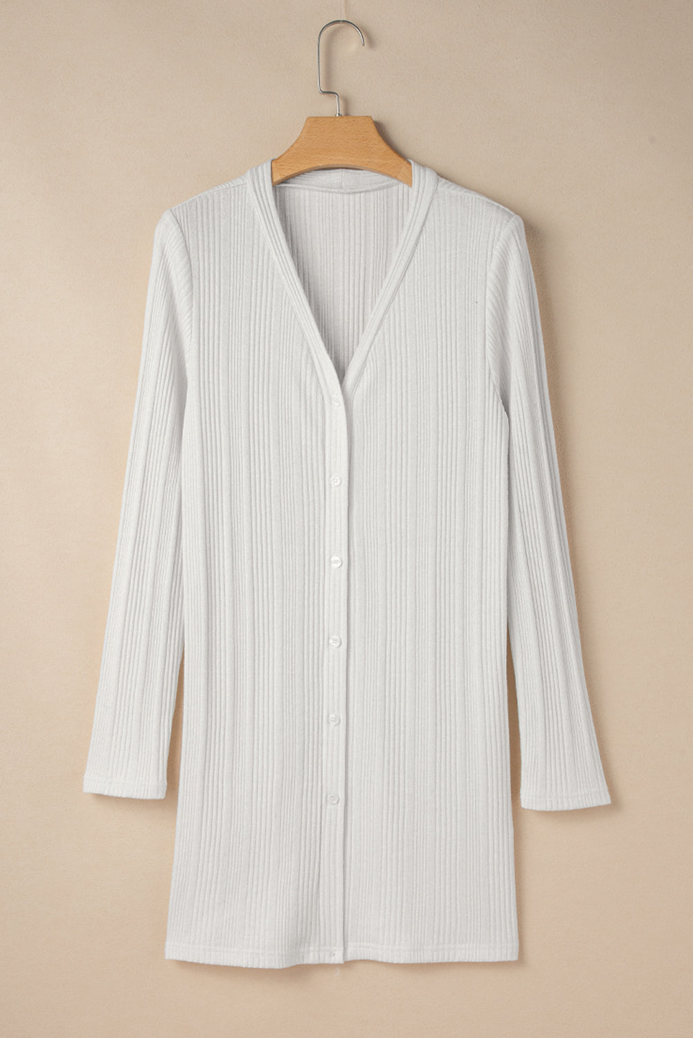 Blue Zone Planet | White Solid Color Ribbed Button up Tunic Cardigan-Sweaters & Cardigans/Cardigans-[Adult]-[Female]-2022 Online Blue Zone Planet