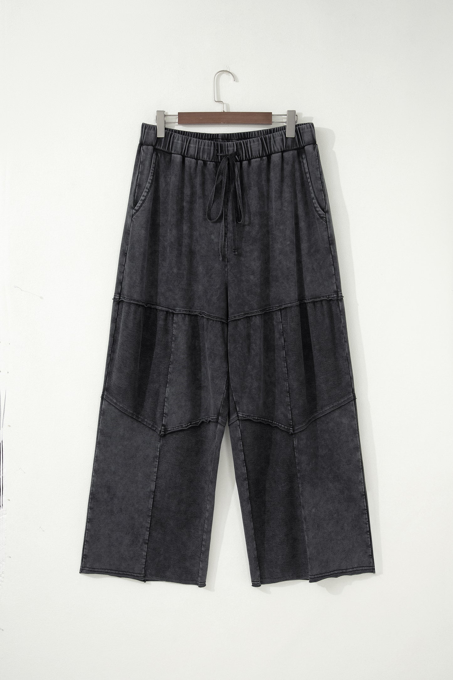 Black Plus Size Mineral Wash Exposed Seam Patchwork Drawstring Loose Pants-Plus Size/Plus Size Bottoms-[Adult]-[Female]-2022 Online Blue Zone Planet